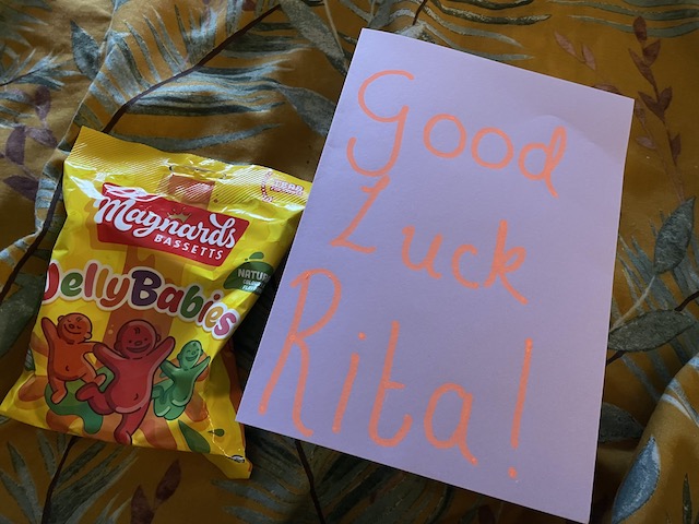 Good luck card and a packet of Jelly babies